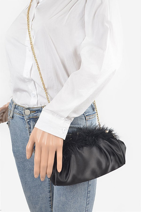 H&D Handbags Black Buenos Aires Faux Leather Chain Handle Clutch W/Feather- Black