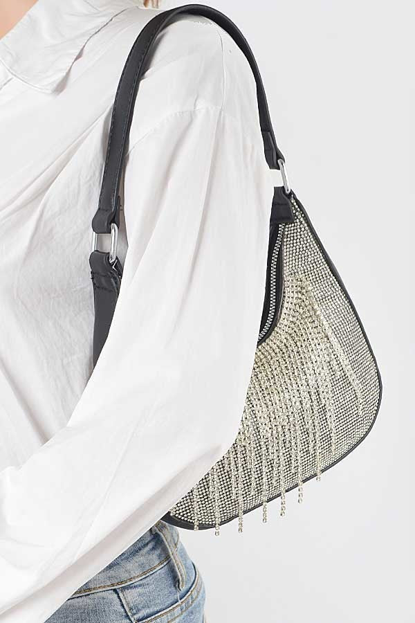 H&D Handbags Beige London Hot Fix Stones Rhinestones Fringe Hobo Bag-Black