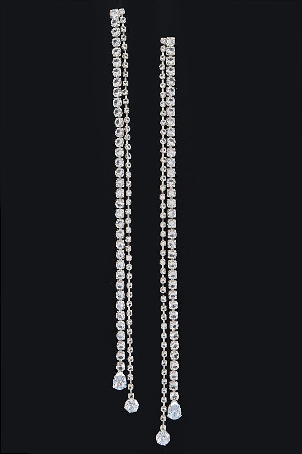 H&D Handbags Silver Rhinestone Double Fringe Drop Earrings - Silver