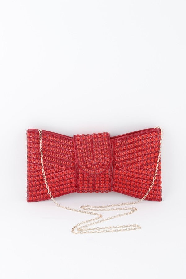 H&D Handbags Red Rome Rhinestone Ribbon Style Party Clutch-Red