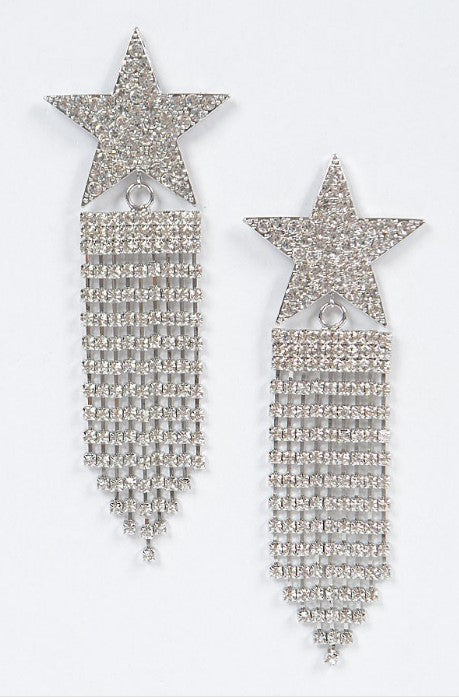 H&D Handbags Silver Star Rhinestone Tassel Earring - Silver