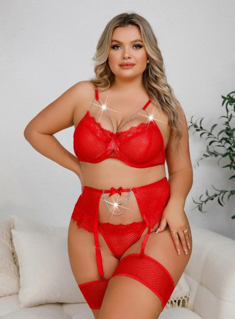China Intimates 1X / Red Copy of Plus Size Mesh Delight 3 piece Lace lingerie set - Red