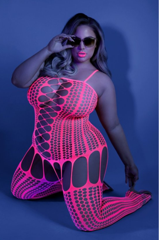 DOONA DI CAPRI Intimates 1X/2X / Neon Pink Plus Size Criss-cross Panelled Body stocking Neon Pink