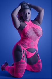DOONA DI CAPRI Intimates 1X/2X / Neon Pink Plus size Glow High Neck Halter Body stocking & G-string Set-Neon Pink
