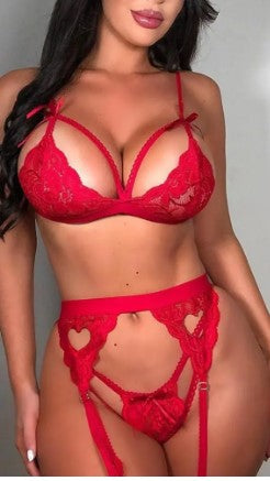 China Intimates 1X / Red Plus Size Heart Lace 3 Piece Lingerie set- Red