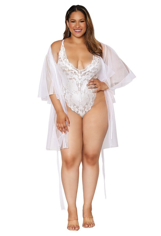 DOONA DI CAPRI Intimates 1X / White Plus Size Stretch Bride mesh robe and bonded stretch lace teddy set-White