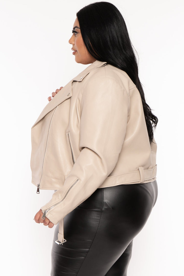 Azalea Wang Jackets And Outerwear Plus Size Attalae  Faux Leather Moto Jacket - Beige
