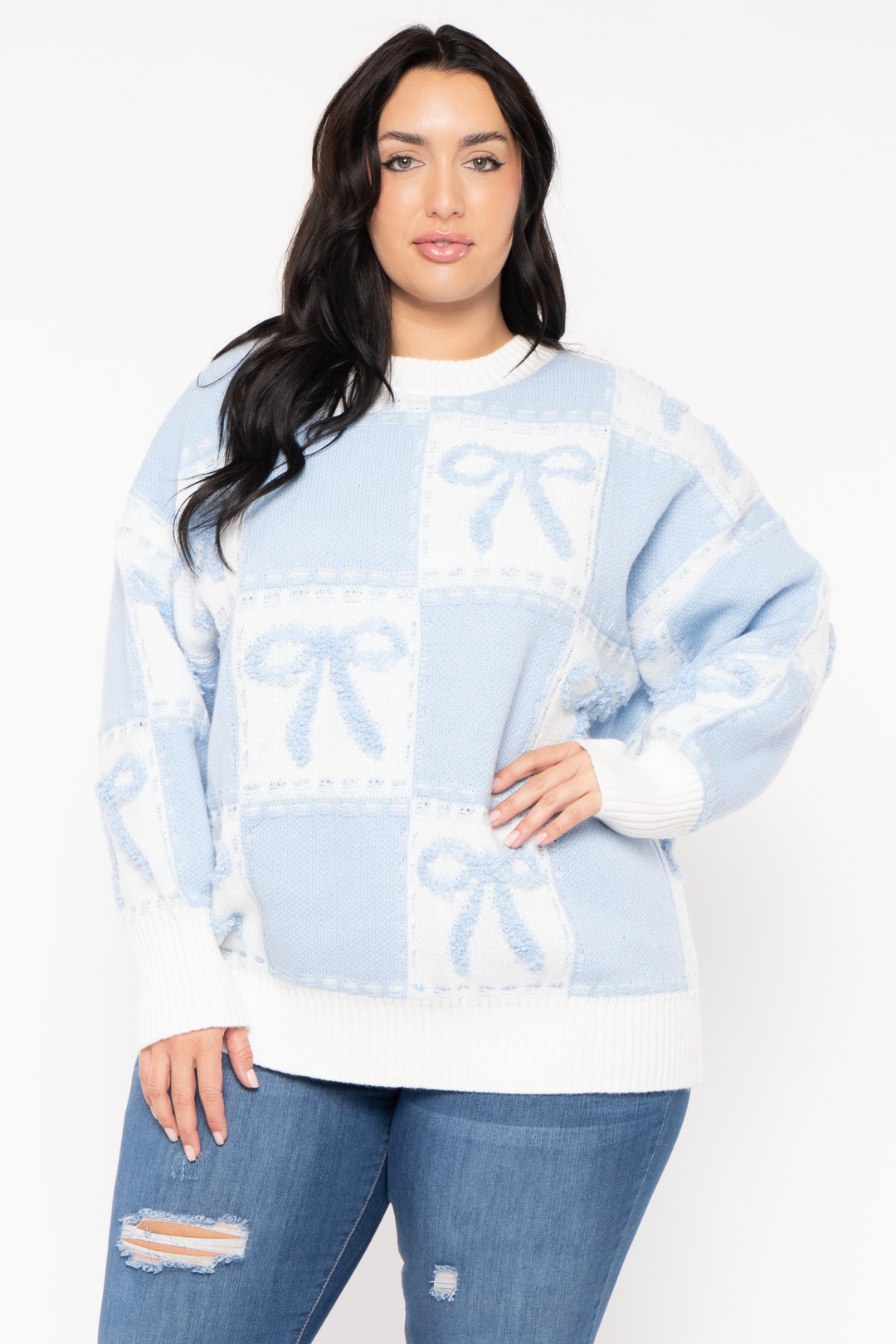 GEE GEE Jackets And Outerwear Plus Size  Bow Oversize Sweater  - Blue