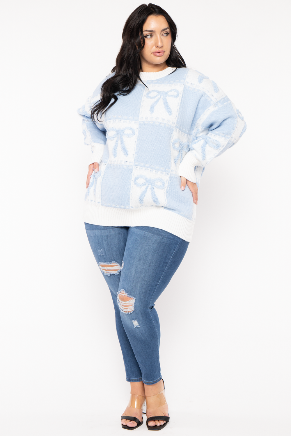 GEE GEE Jackets And Outerwear Plus Size  Bow Oversize Sweater  - Blue