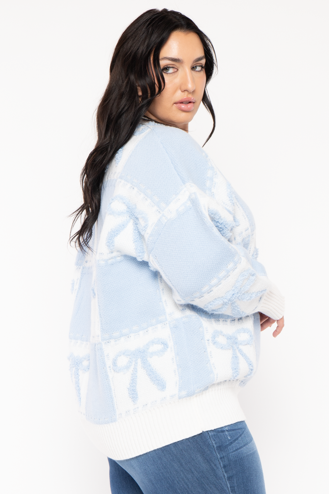 GEE GEE Jackets And Outerwear Plus Size  Bow Oversize Sweater  - Blue