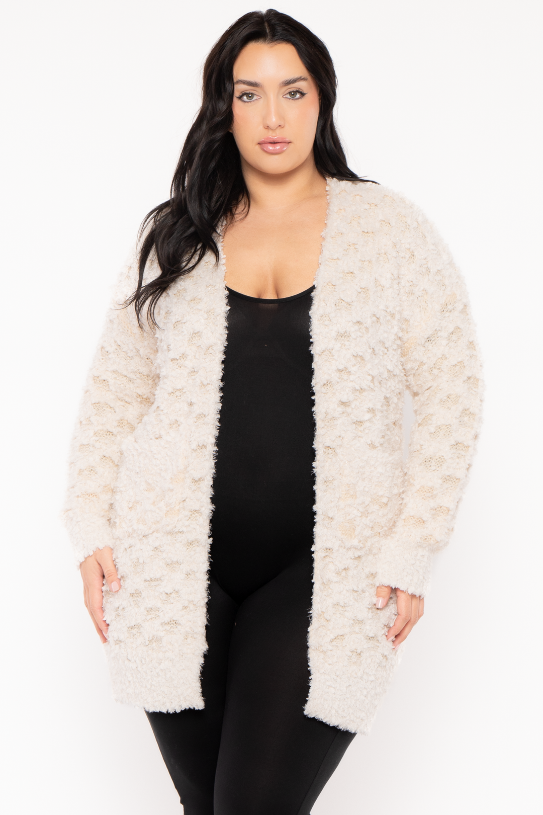 Davi & Dani Jackets And Outerwear Plus Size Christy Fuzzy  Cardigan  - Ivory