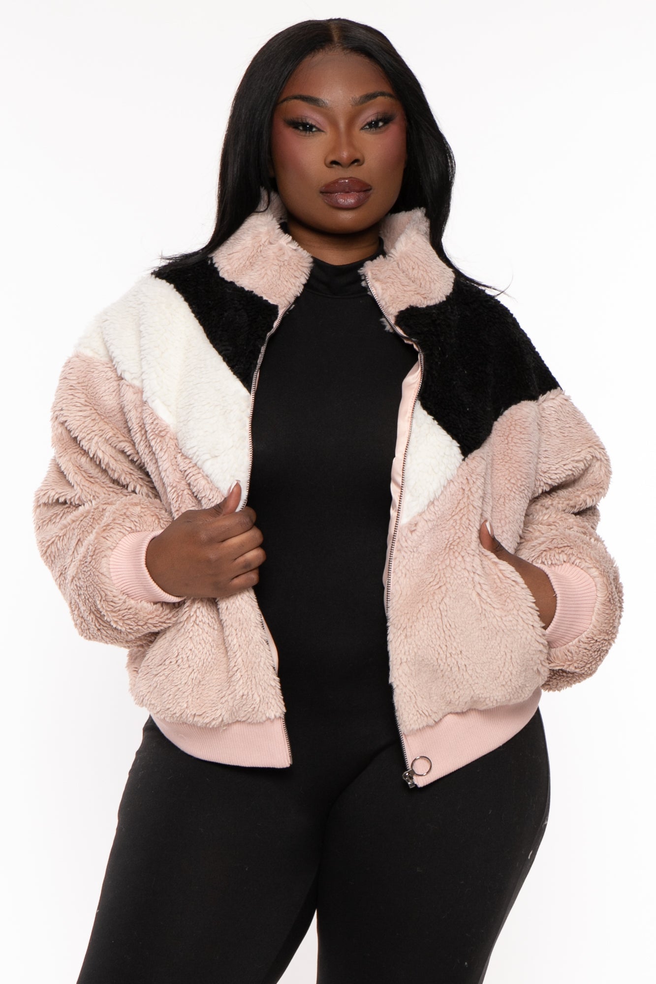 Plus Size Color Block Faux Fur Jacket - Dusty Rose – Curvy Sense