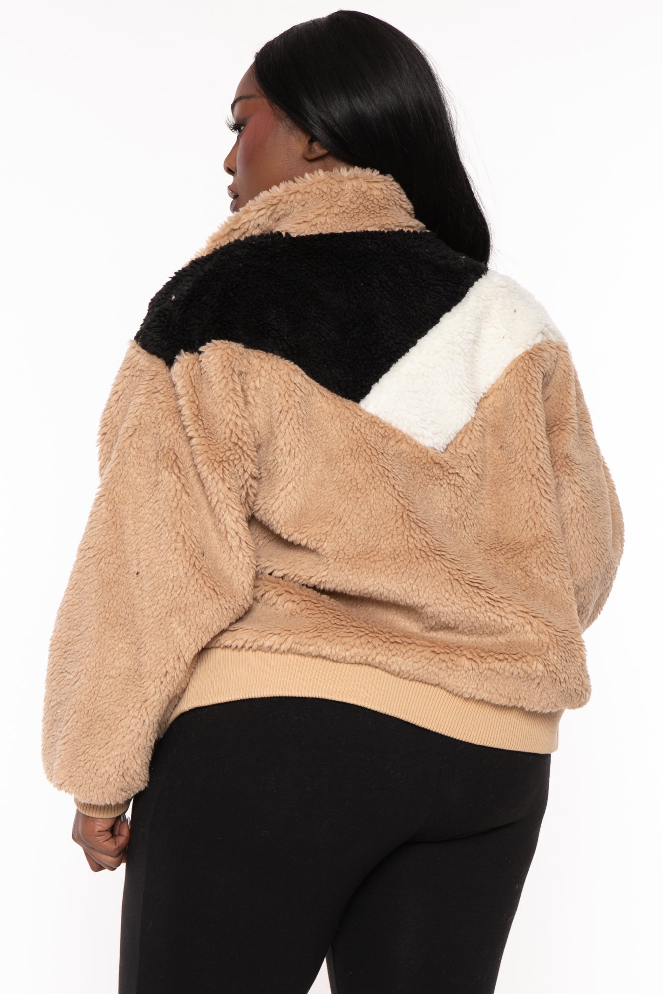 Plus Size Color Block Faux Fur Jacket - Taupe