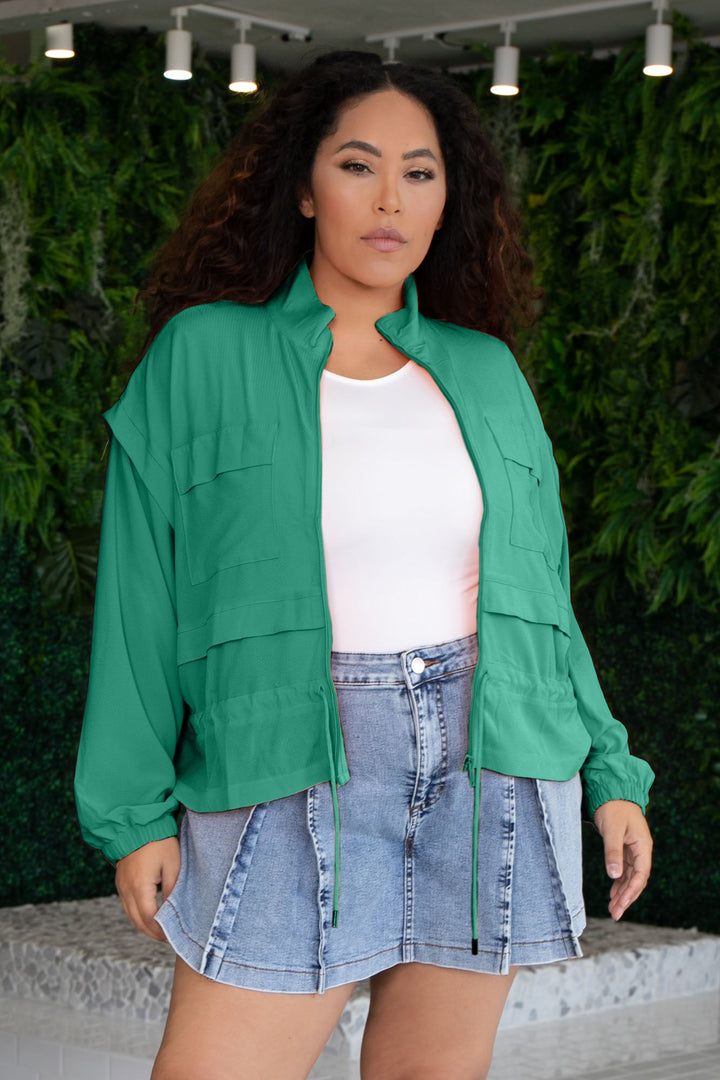 Sky Plus Jackets And Outerwear Plus Size Crinkle Woven Cropped Jacket- Green