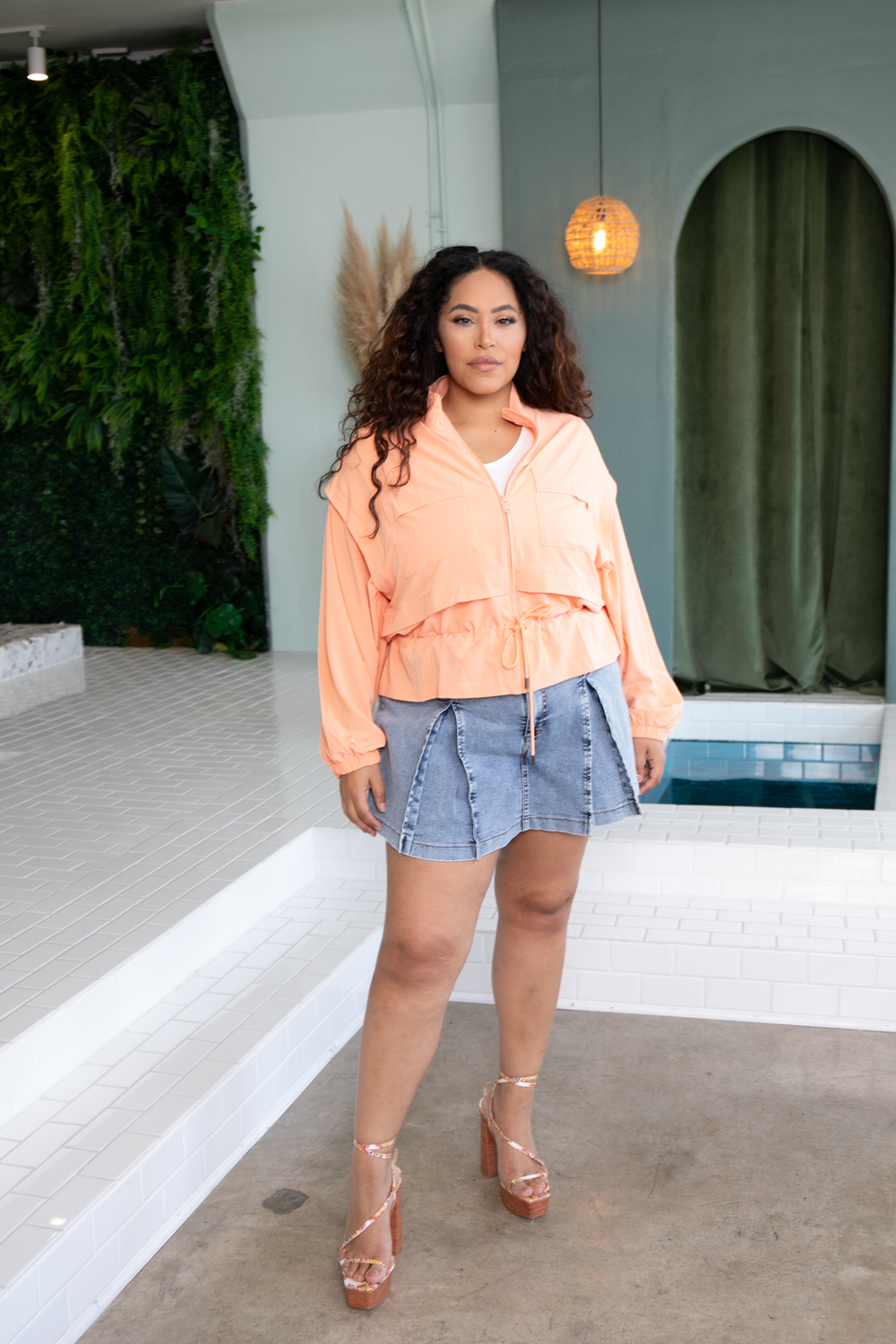 RAE MODE Jackets And Outerwear Plus Size Crinkle Woven Cropped Jacket- Peach