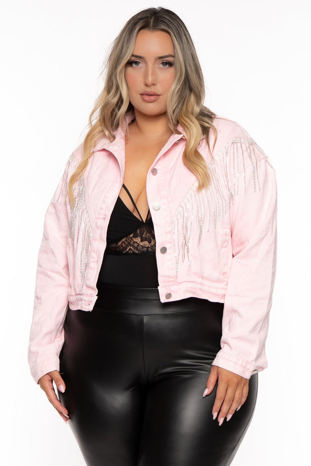 Sweet Generis Jackets And Outerwear Plus Size Crop Rhinestone Denim Jacket -  Pink