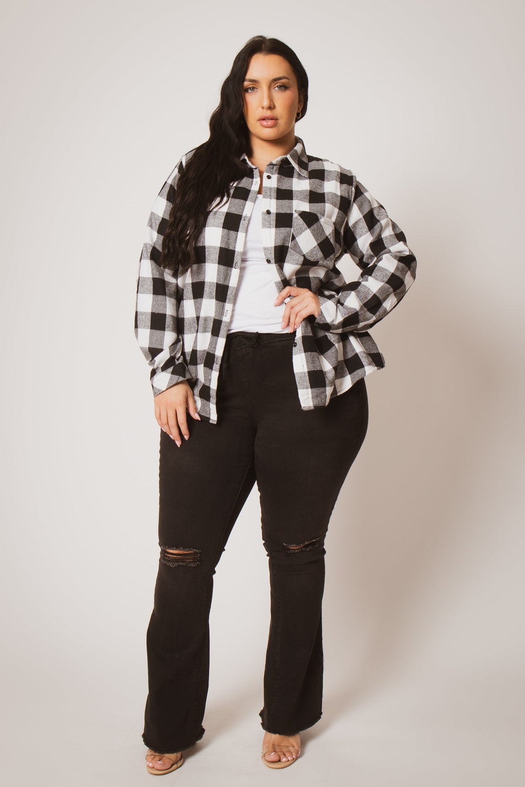 Sweet Lovely Jackets And Outerwear Plus Size Dakota Check Shacket - Black
