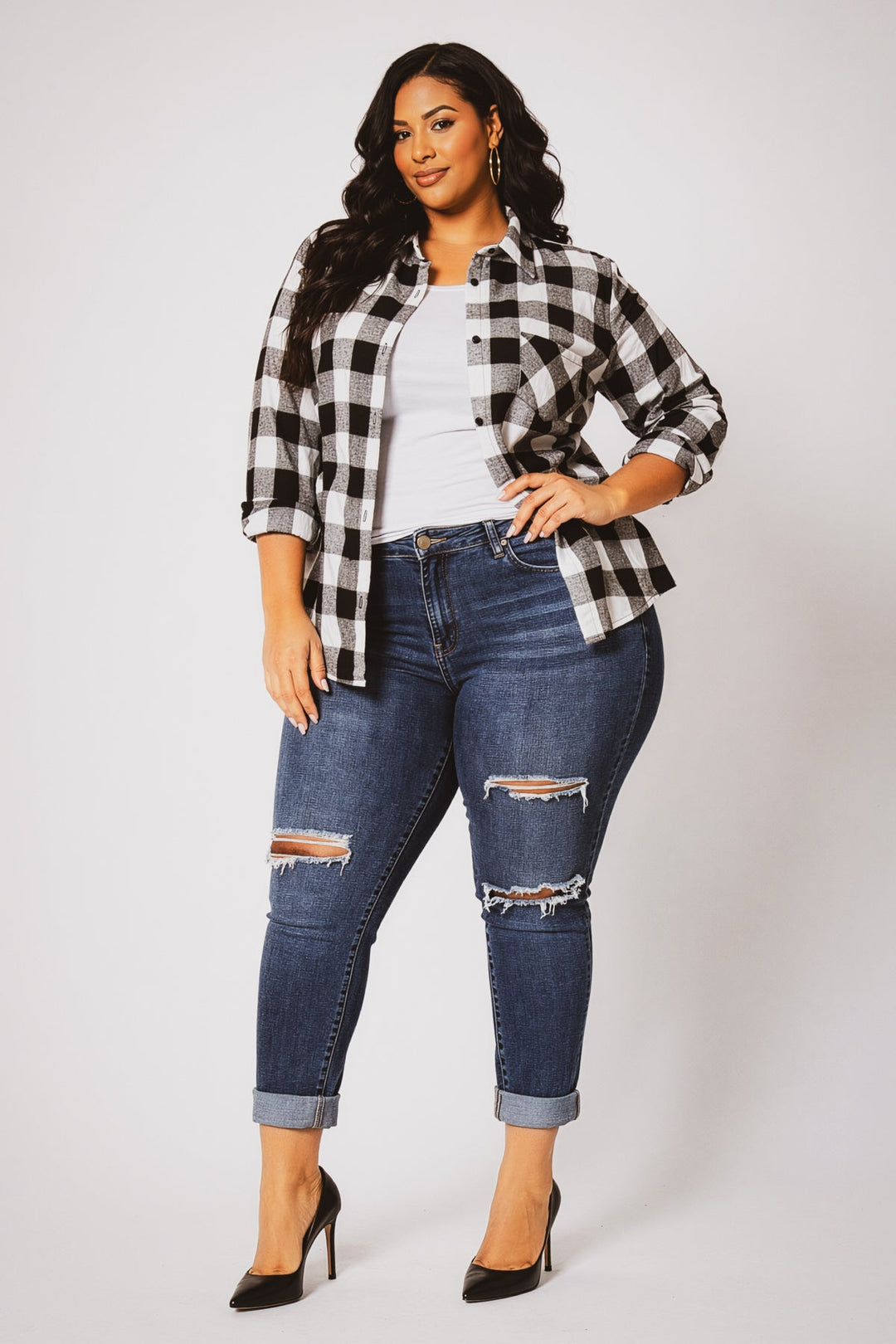 Sweet Lovely Jackets And Outerwear Plus Size Dakota Check Shacket - Black