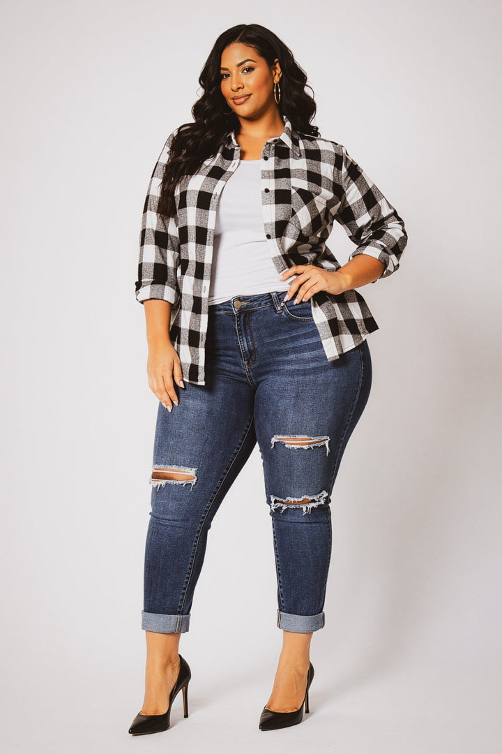 Sweet Lovely Jackets And Outerwear Plus Size Dakota Check Shacket - Black