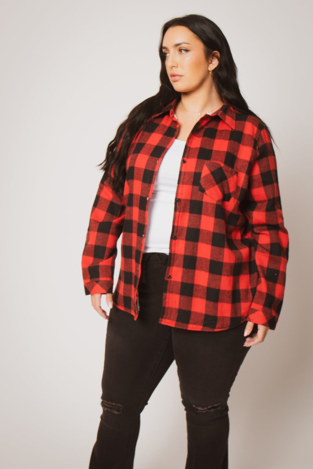 Sweet Lovely Jackets And Outerwear Plus Size Dakota Check Shacket - Red