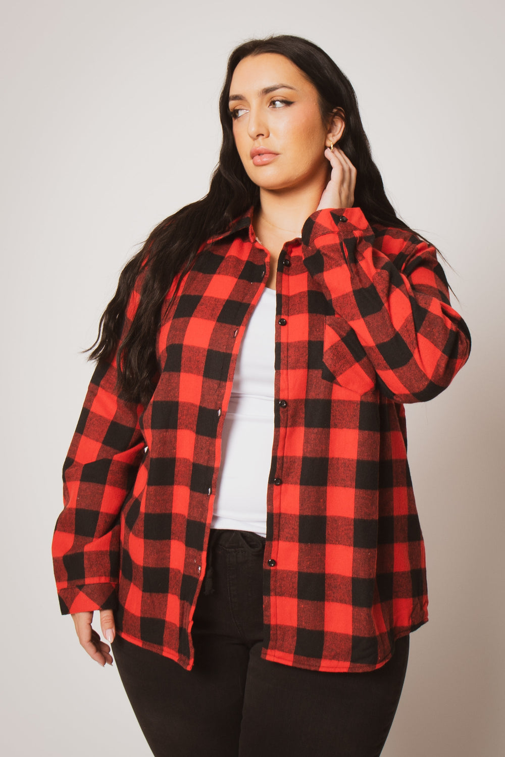 Sweet Lovely Jackets And Outerwear Plus Size Dakota Check Shacket - Red