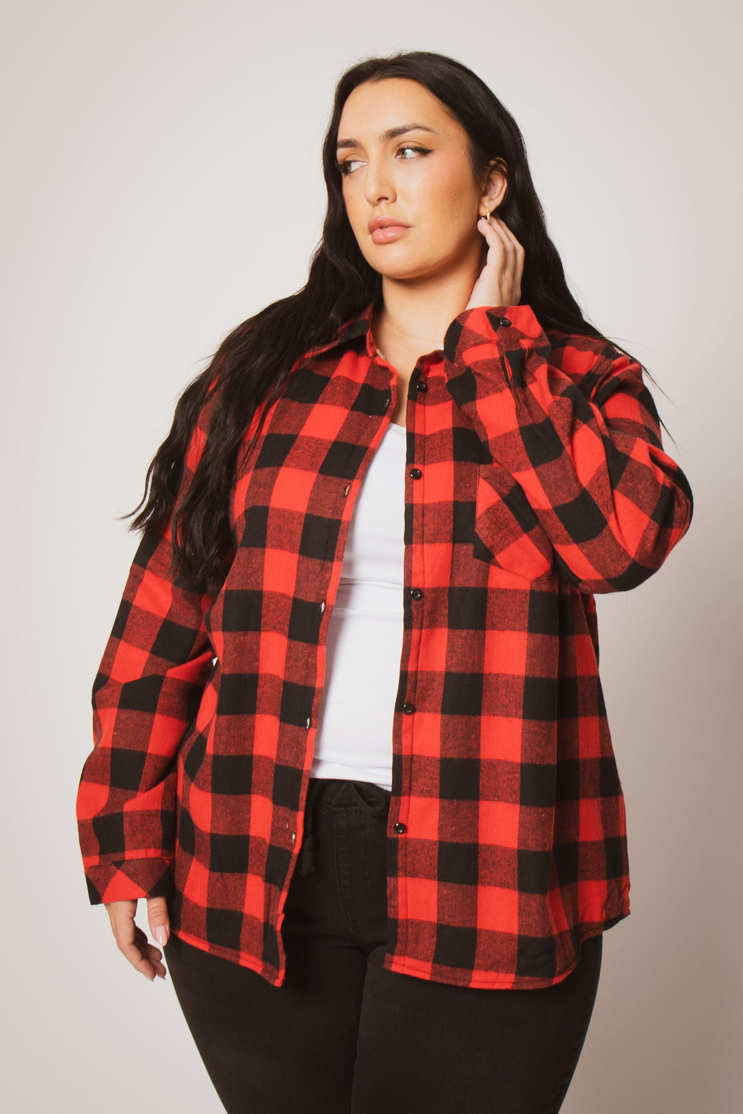 Sweet Lovely Jackets And Outerwear Plus Size Dakota Check Shacket - Red