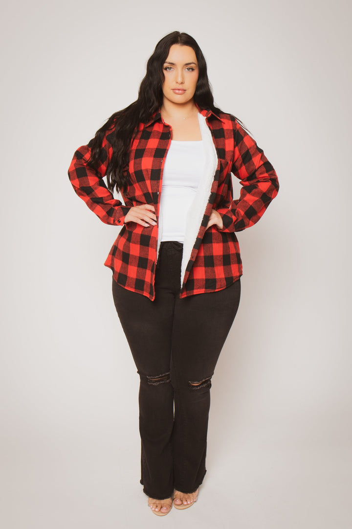 Sweet Lovely Jackets And Outerwear Plus Size Dakota Check Shacket - Red