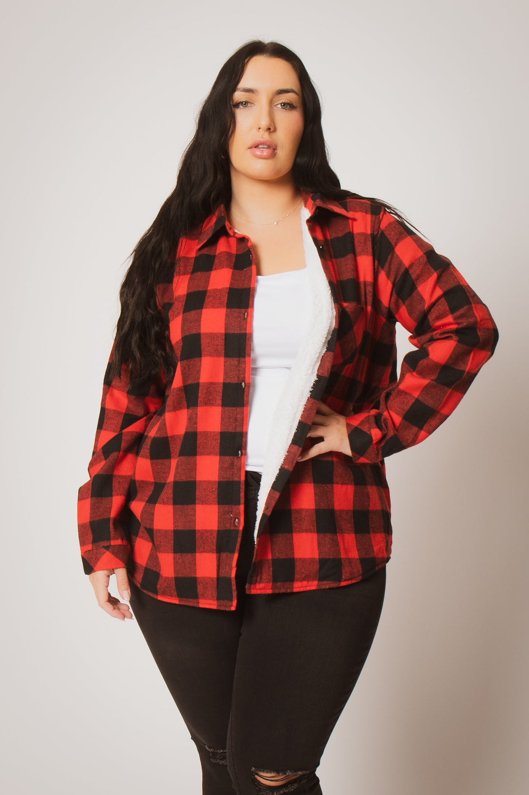 Sweet Lovely Jackets And Outerwear Plus Size Dakota Check Shacket - Red