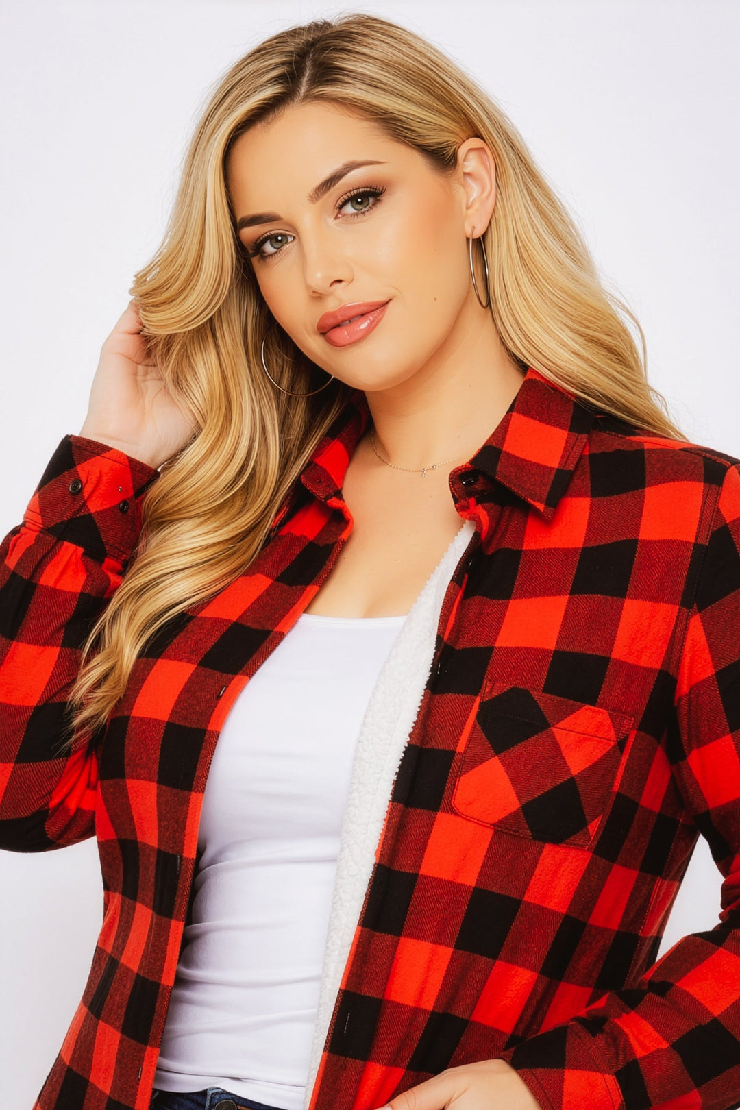 Sweet Lovely Jackets And Outerwear Plus Size Dakota Check Shacket - Red