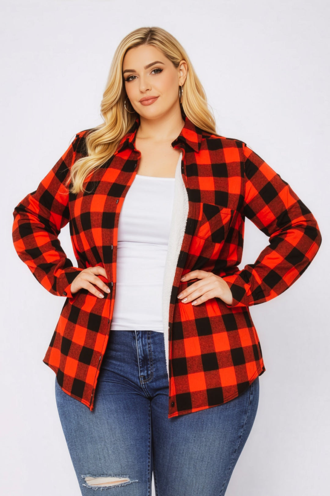 Sweet Lovely Jackets And Outerwear Plus Size Dakota Check Shacket - Red