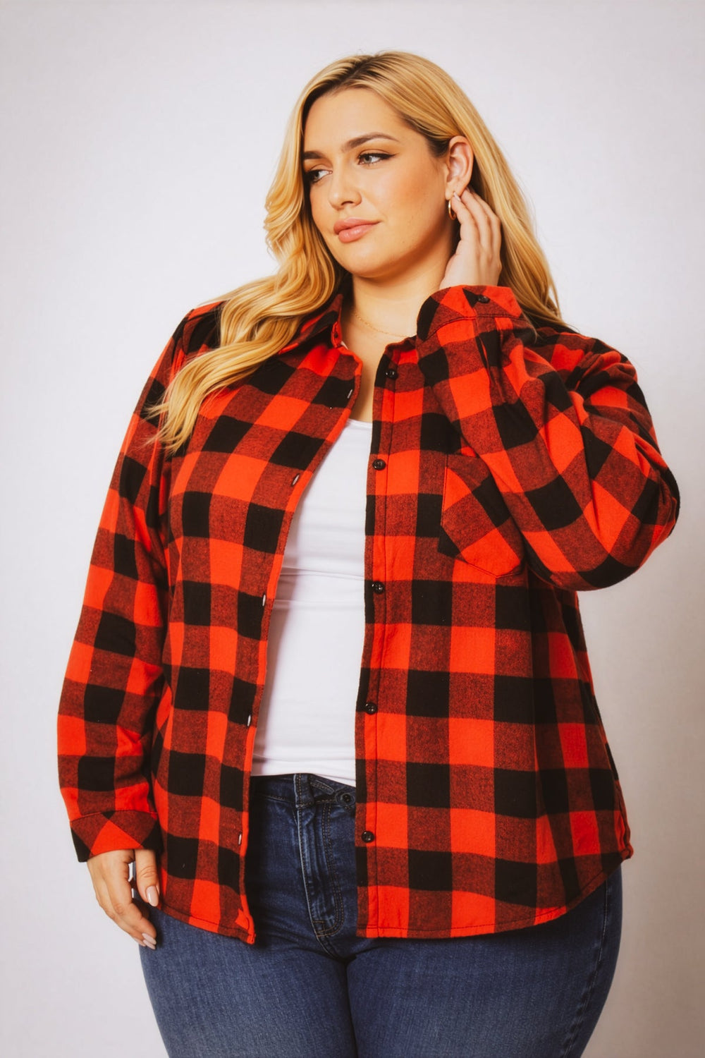 Sweet Lovely Jackets And Outerwear Plus Size Dakota Check Shacket - Red