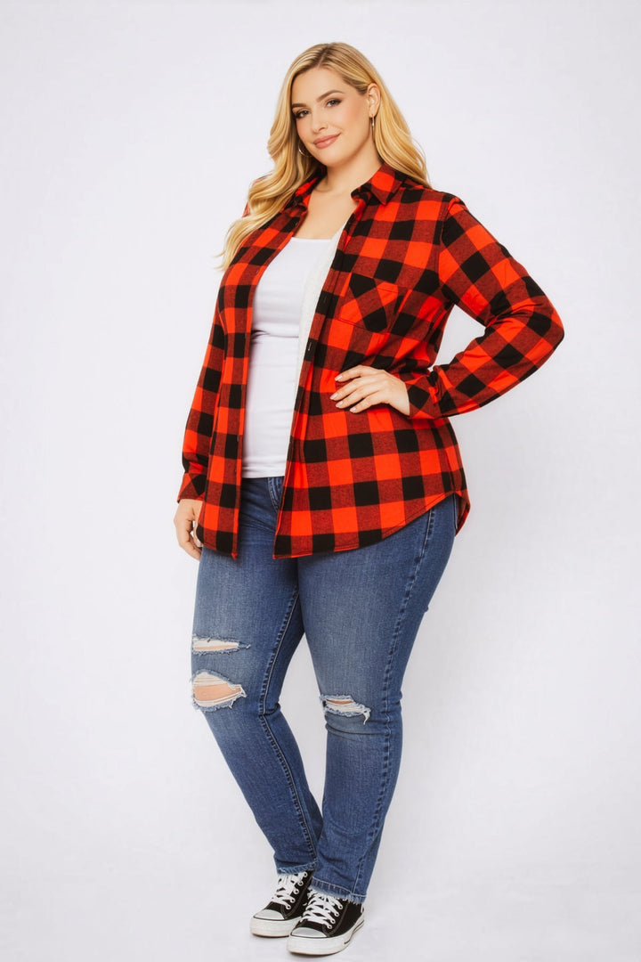 Sweet Lovely Jackets And Outerwear Plus Size Dakota Check Shacket - Red