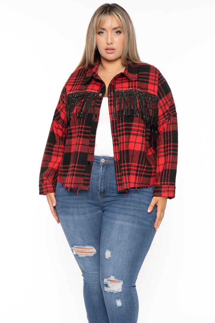 GEE GEE Jackets And Outerwear 1X / Red Plus Size Distress  Plaid Fringe  Jacket - Red