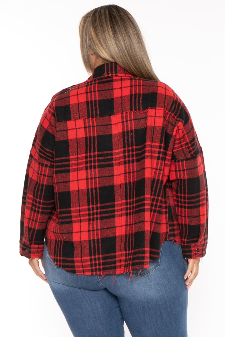 GEE GEE Jackets And Outerwear Plus Size Distress  Plaid Fringe  Jacket - Red