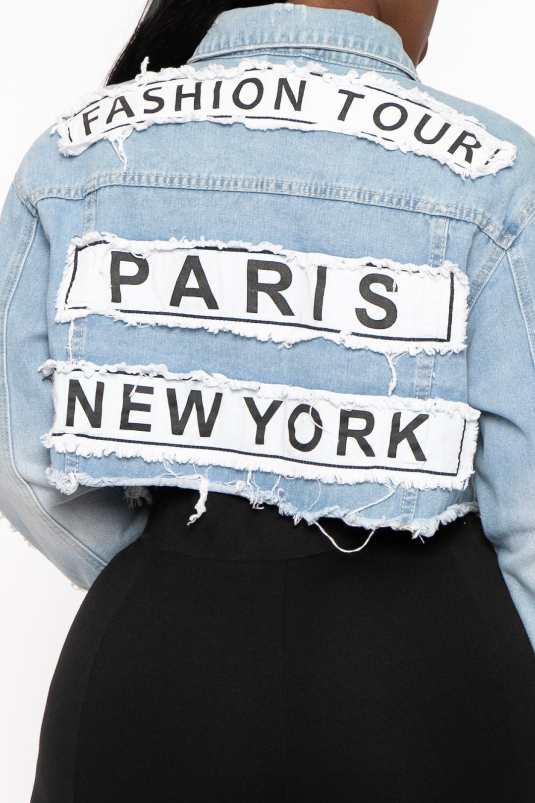 American Bazi Jackets And Outerwear Plus Size Fashion Tour Patch Cropped  Jacket - Light Wash