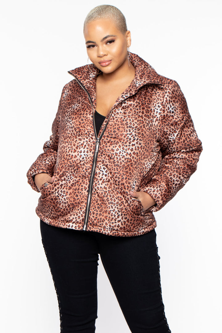 Jou Jou Jackets And Outerwear 1X / Brown Plus Size Leopard Print Puffer Coat - Brown