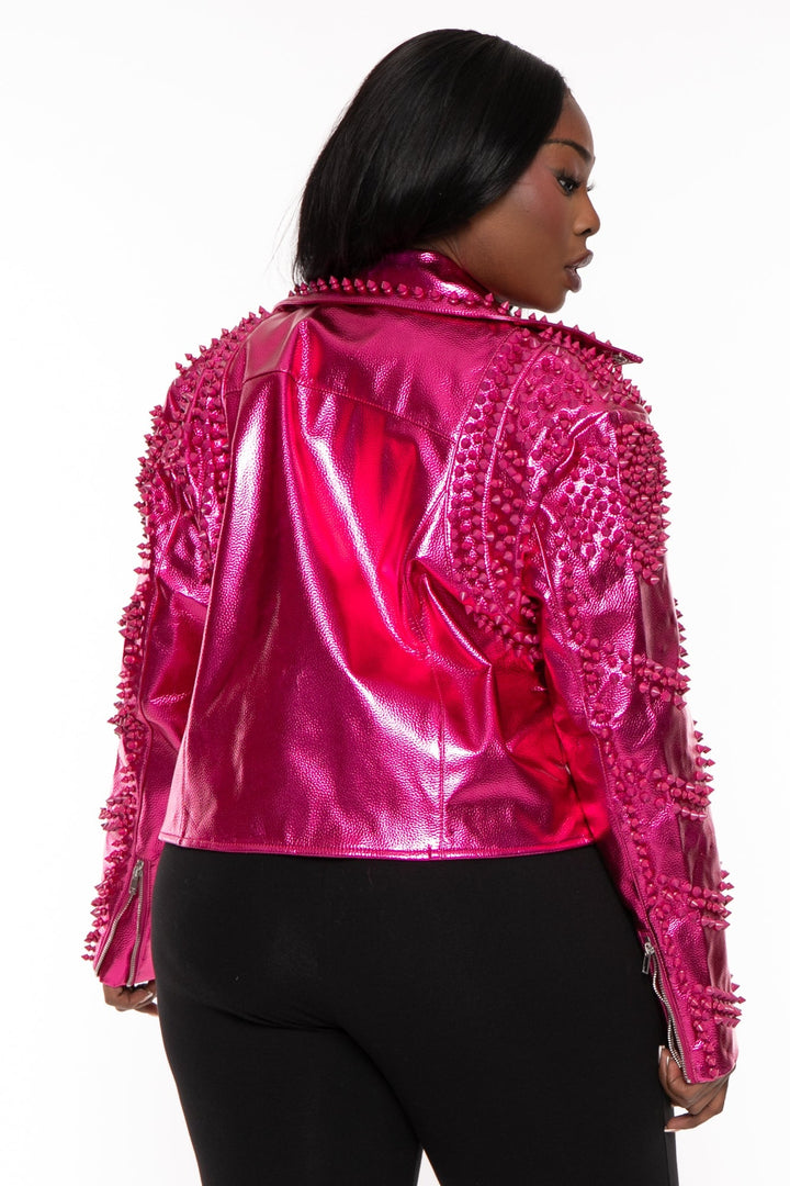 Azalea Wang Jackets And Outerwear Plus Size Metallic Studded Moto Jacket- Pink