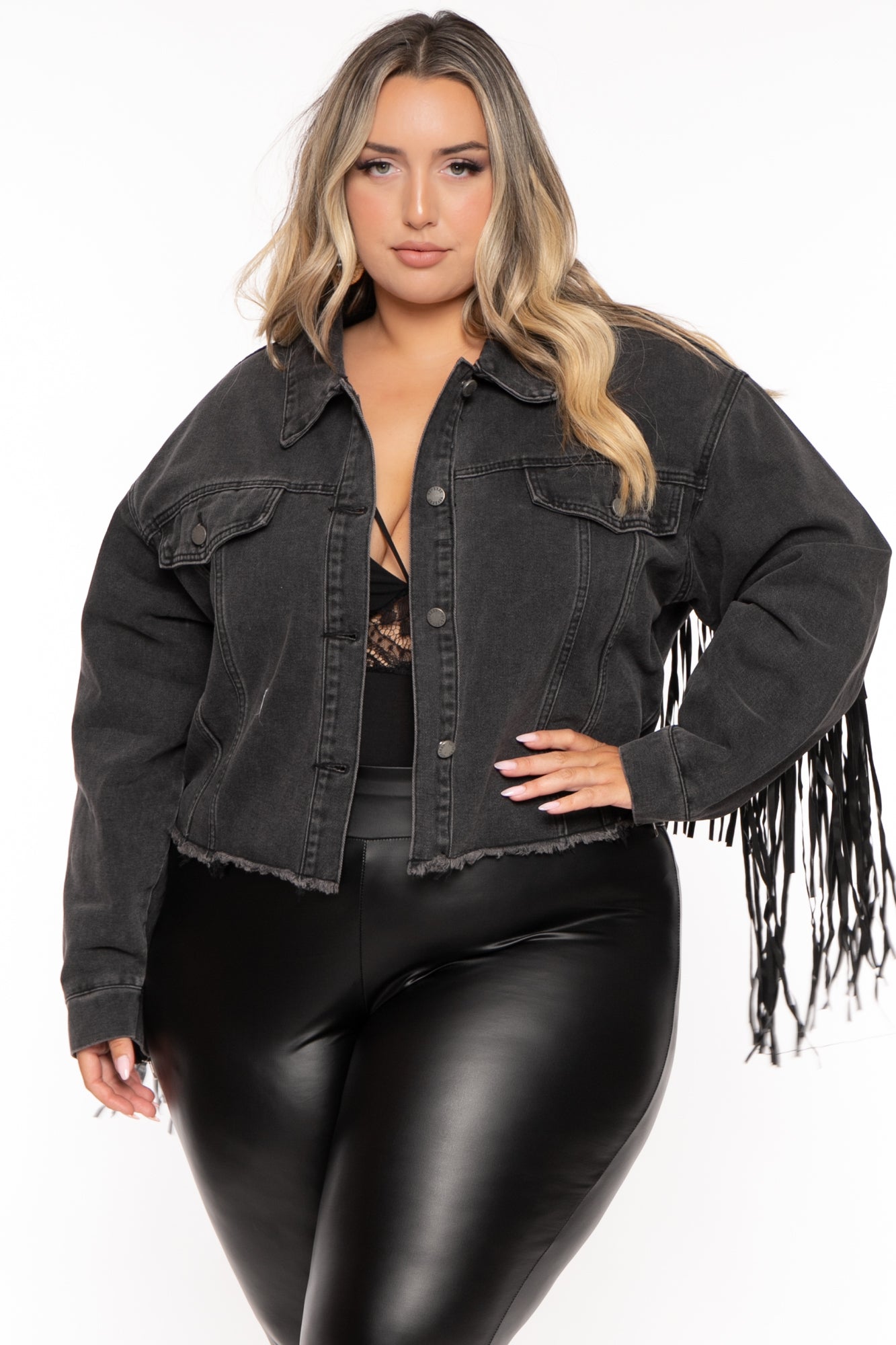 Plus size store black fringe jacket