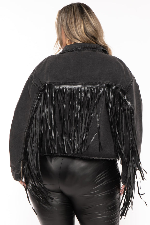 Veveret Jackets And Outerwear Plus Size Oli  Crop Fringe Denim Jacket -  Black