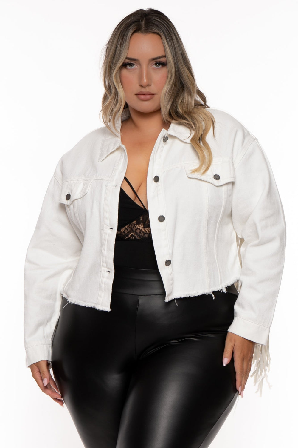 Veveret Jackets And Outerwear 1X / White Plus Size Oli  Crop Fringe Denim Jacket -  White