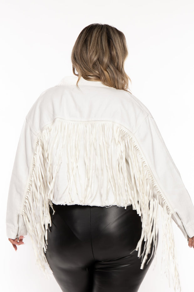 Veveret Jackets And Outerwear Plus Size Oli  Crop Fringe Denim Jacket -  White