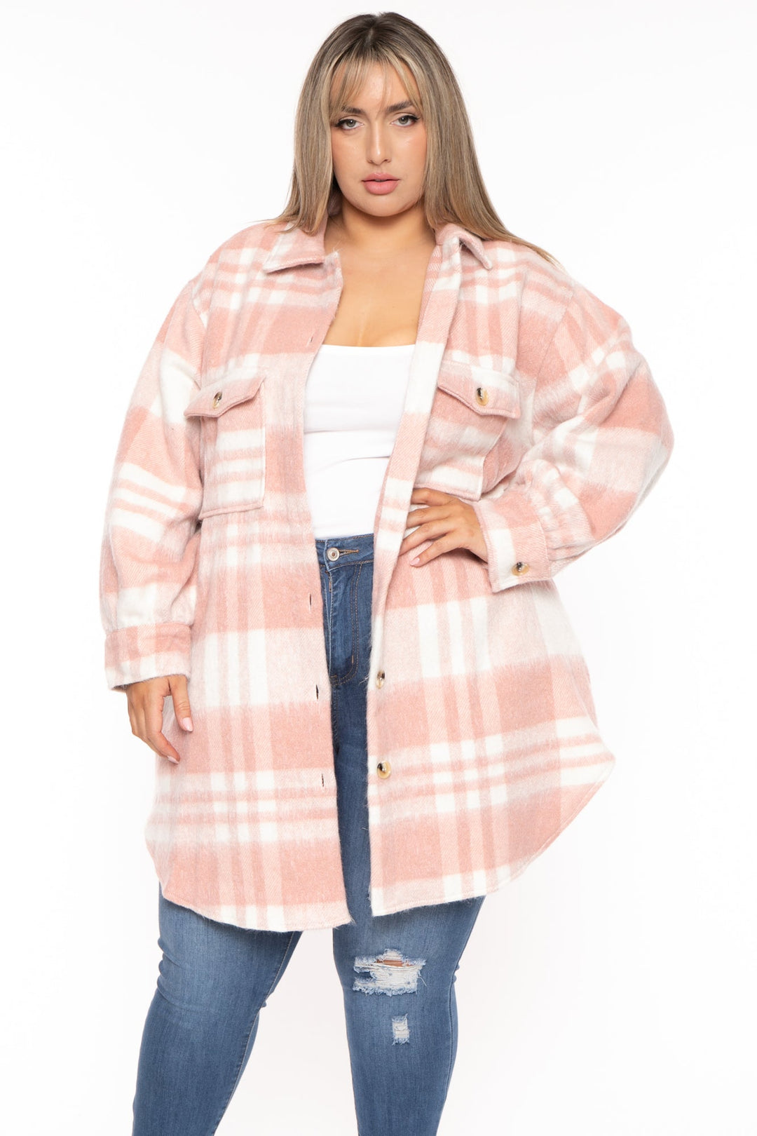 GEE GEE Jackets And Outerwear Plus Size Plaid Long  Jacket- Blush