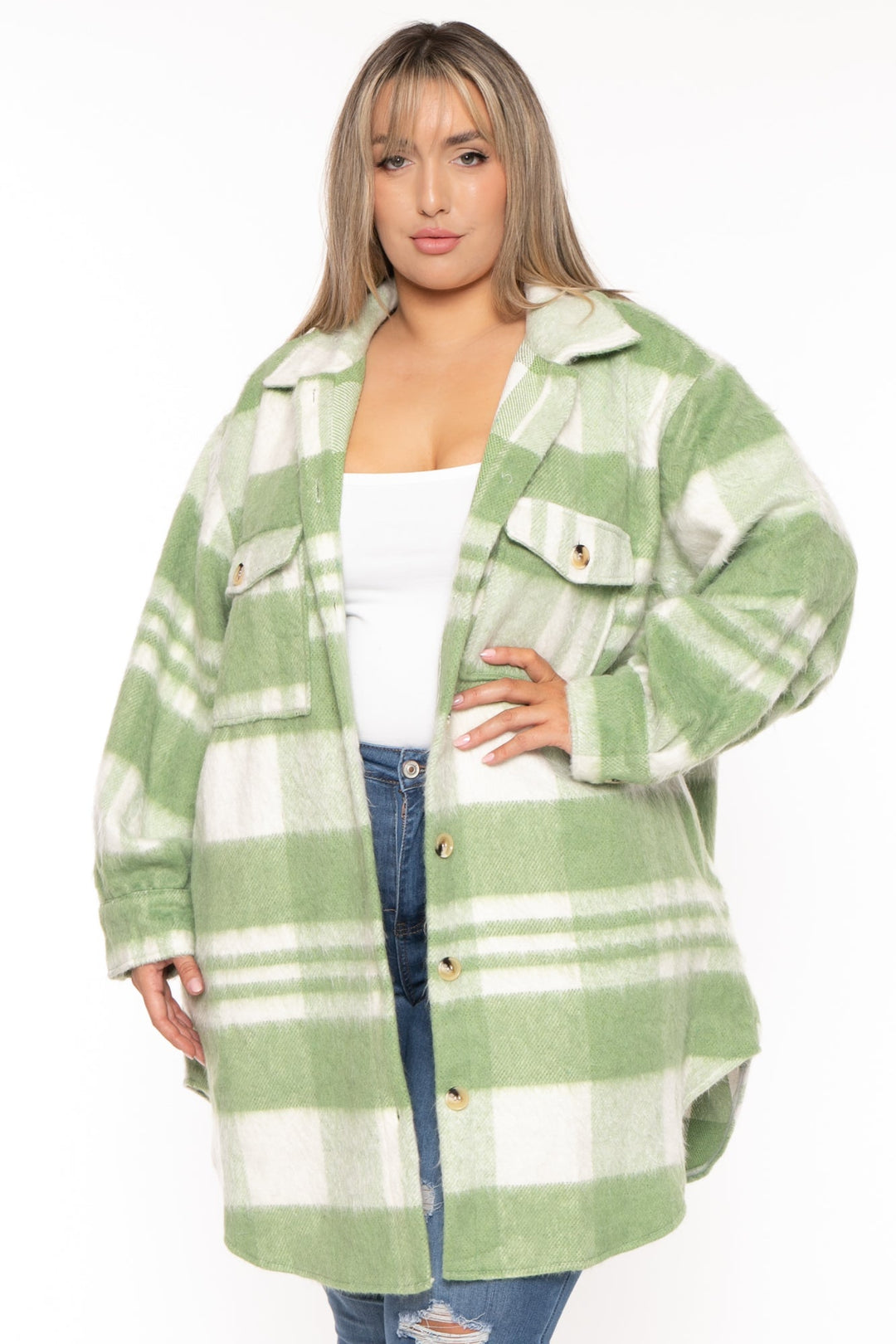 GEE GEE Jackets And Outerwear 1X / Green Plus Size Plaid Long  Jacket- Green
