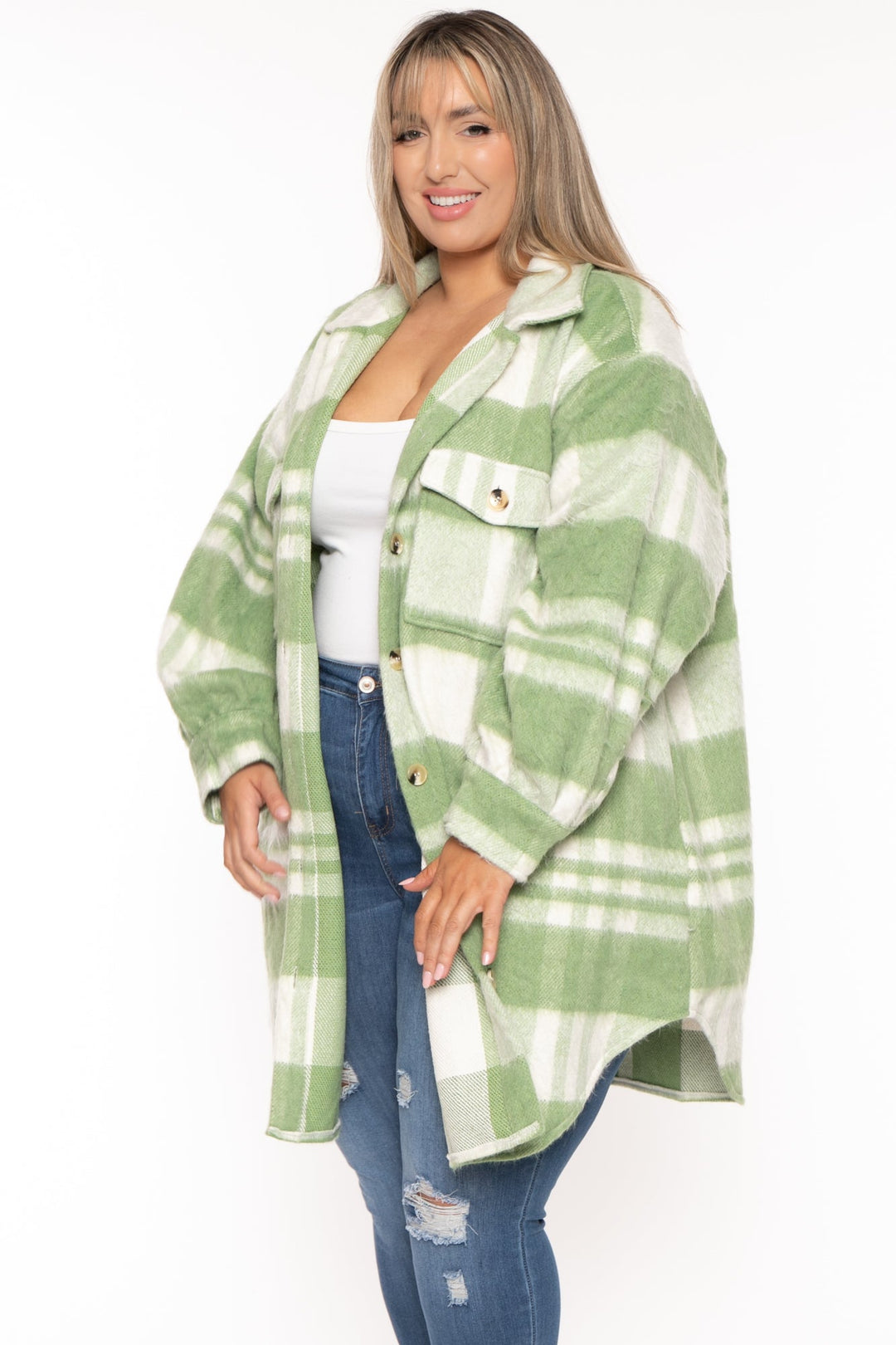 GEE GEE Jackets And Outerwear Plus Size Plaid Long  Jacket- Green