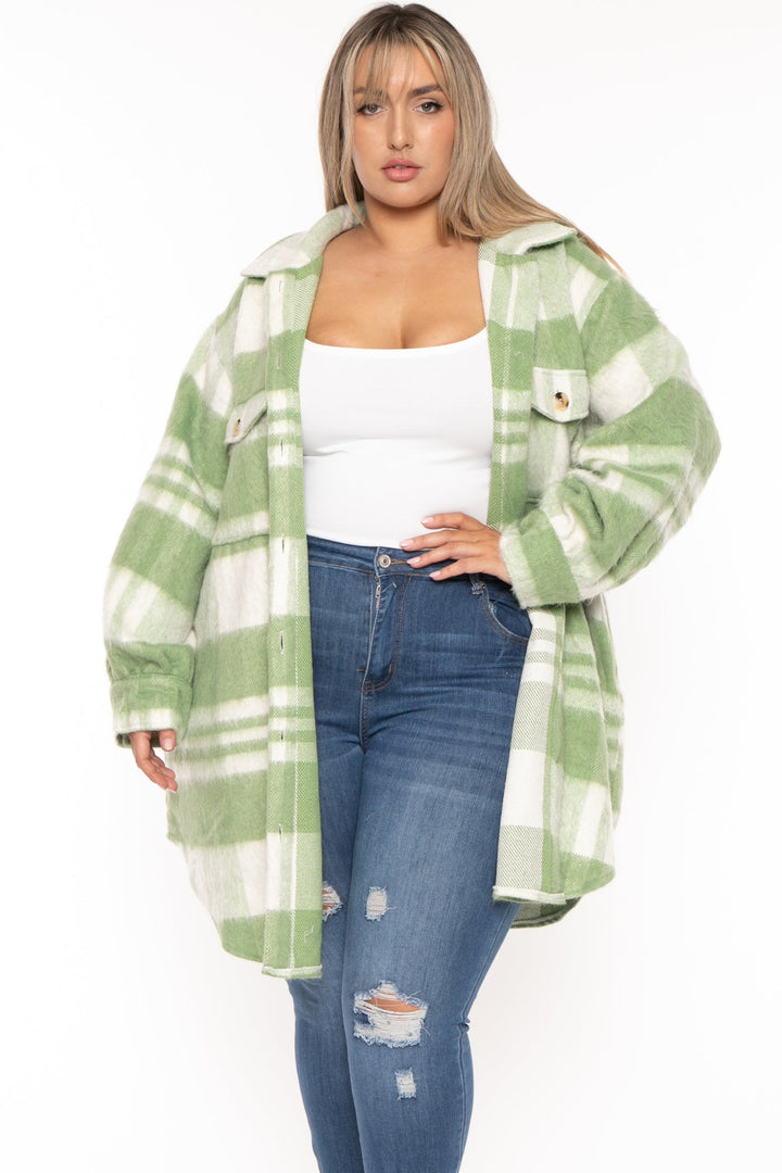 GEE GEE Jackets And Outerwear Plus Size Plaid Long  Jacket- Green