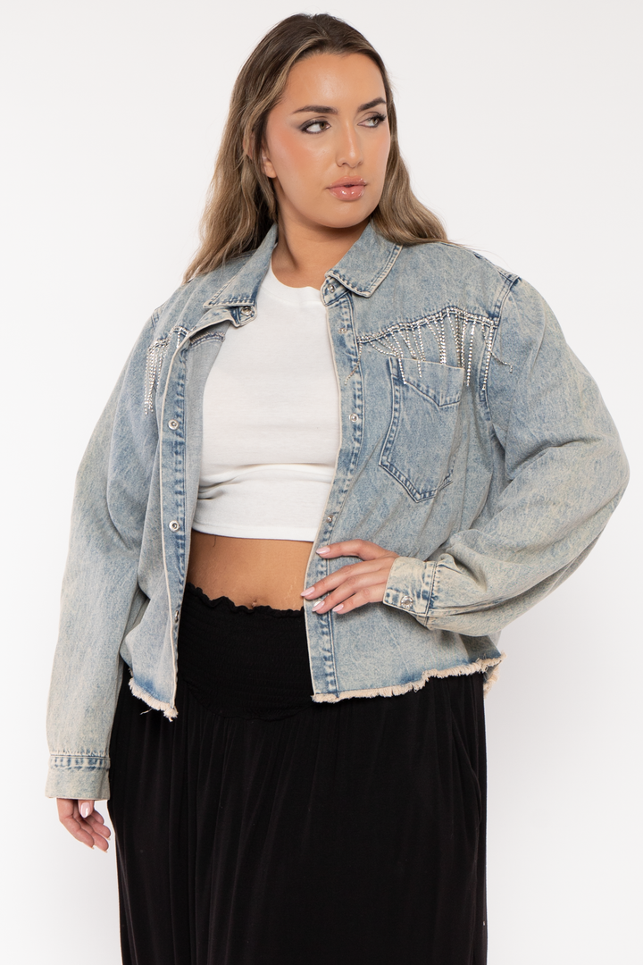 GEE GEE Jackets And Outerwear Plus Size Rhinestone Denim Jacket -  Blue