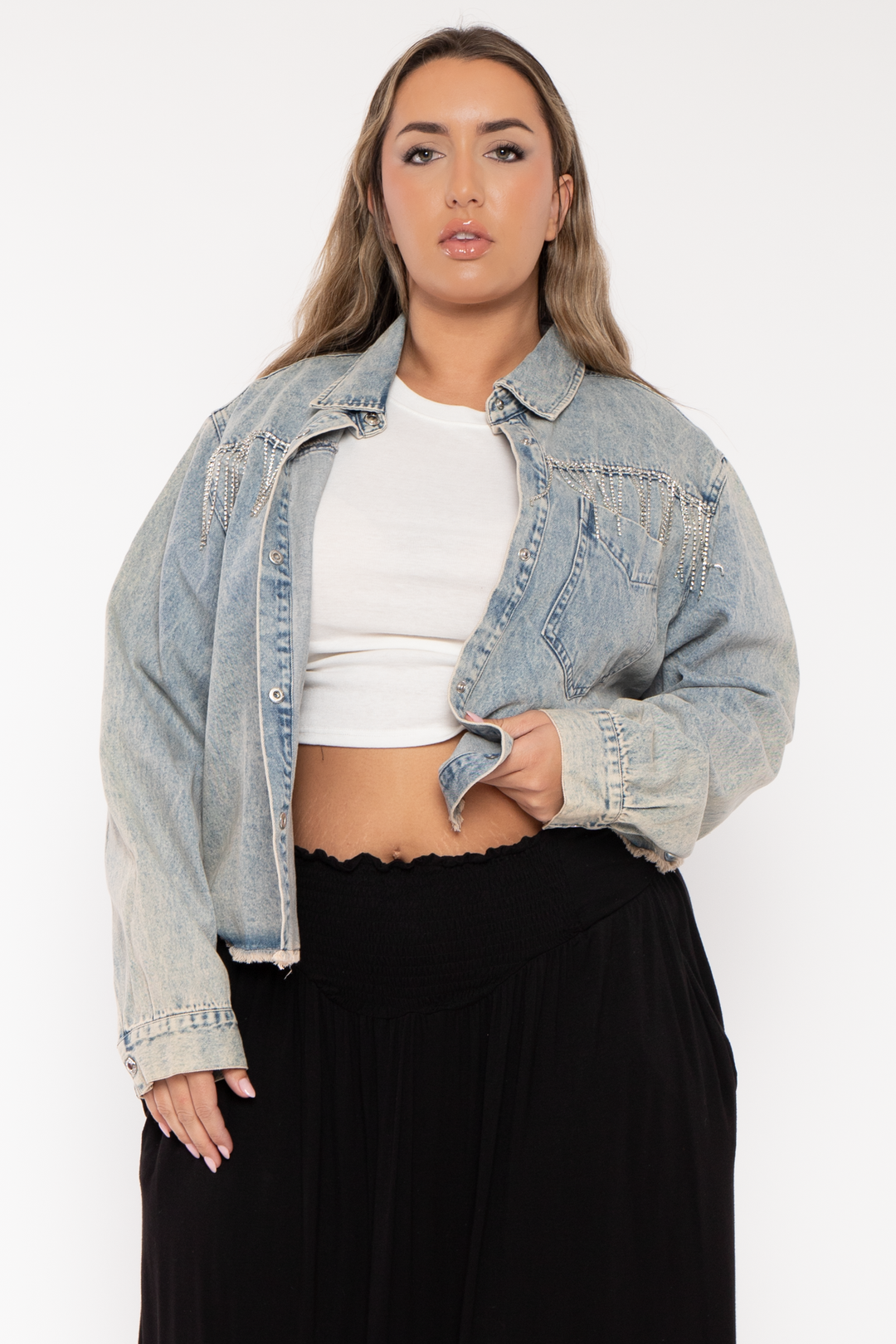 GEE GEE Jackets And Outerwear Plus Size Rhinestone Denim Jacket -  Blue