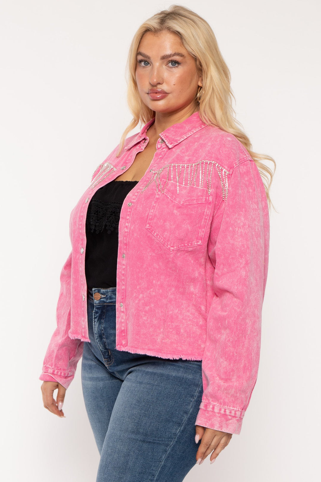 GEE GEE Jackets And Outerwear Plus Size Rhinestone Denim Jacket -  Pink