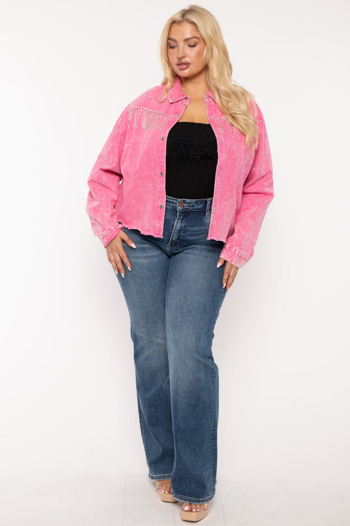 GEE GEE Jackets And Outerwear Plus Size Rhinestone Denim Jacket -  Pink