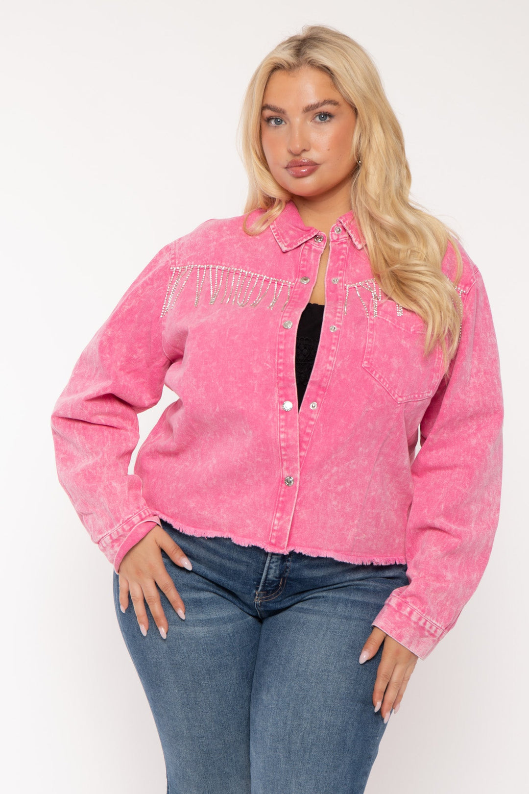 GEE GEE Jackets And Outerwear Plus Size Rhinestone Denim Jacket -  Pink